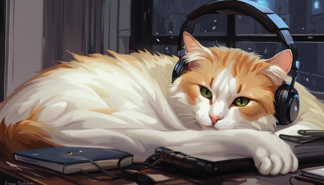 Cat with Headphones in Rainy Day Concept Art