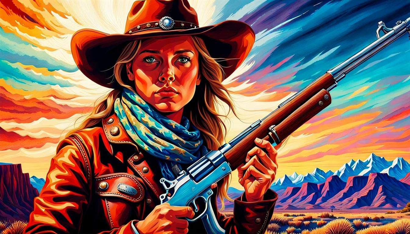 Cowgirl with Rifle in Vibrant Digital Illustration