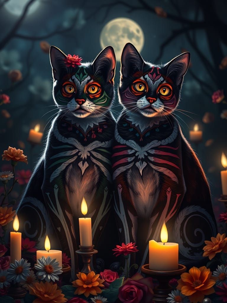 Day of the Dead Cats in a Fantasy Landscape