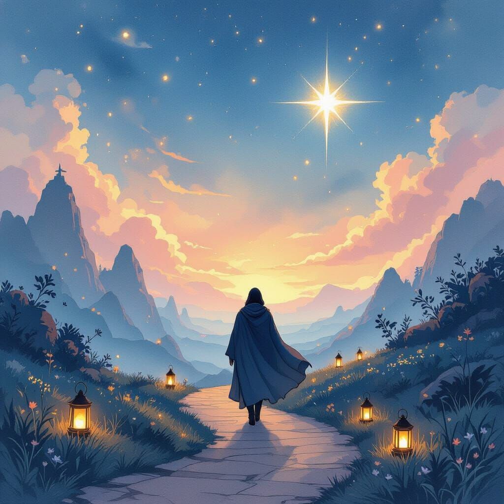 Mystical Journey: Figure on Winding Path in Watercolor Style
