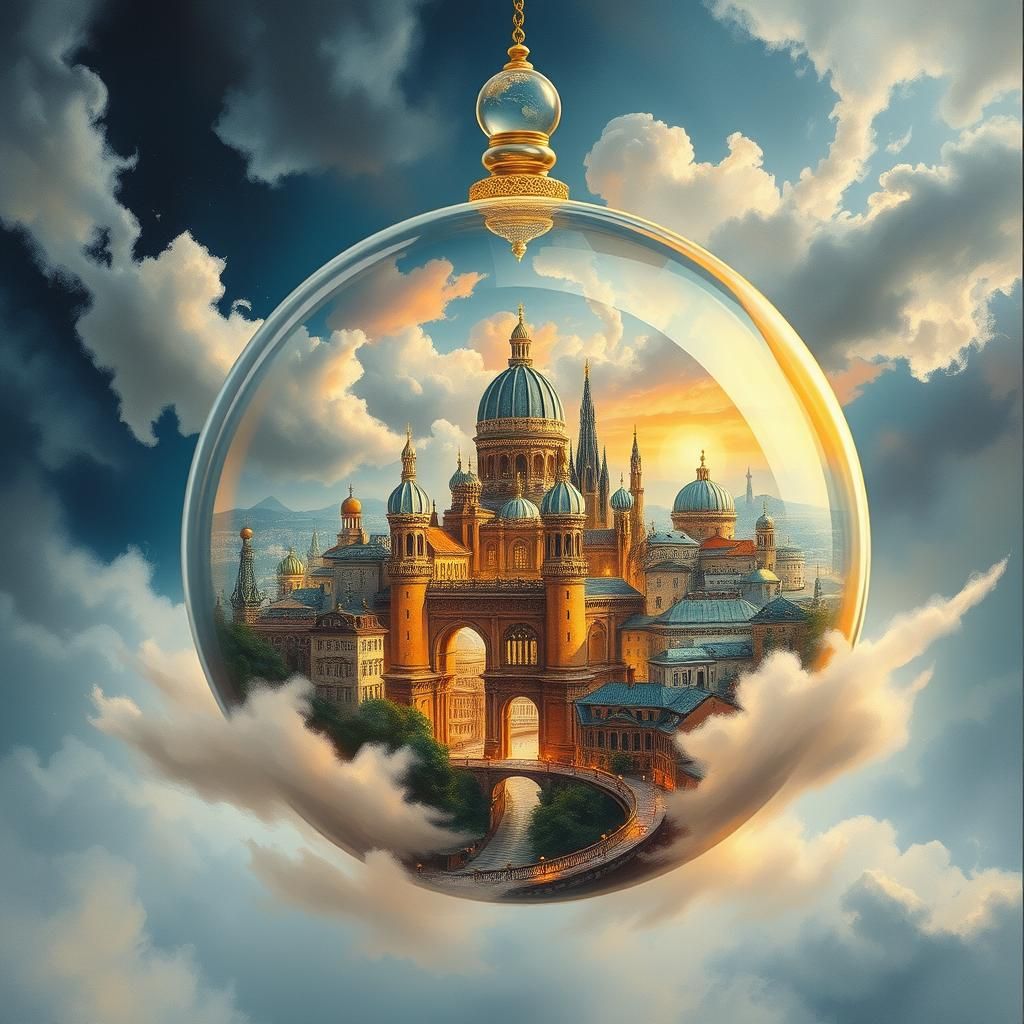 City in Glass Orb, Impressionist Gouache Style