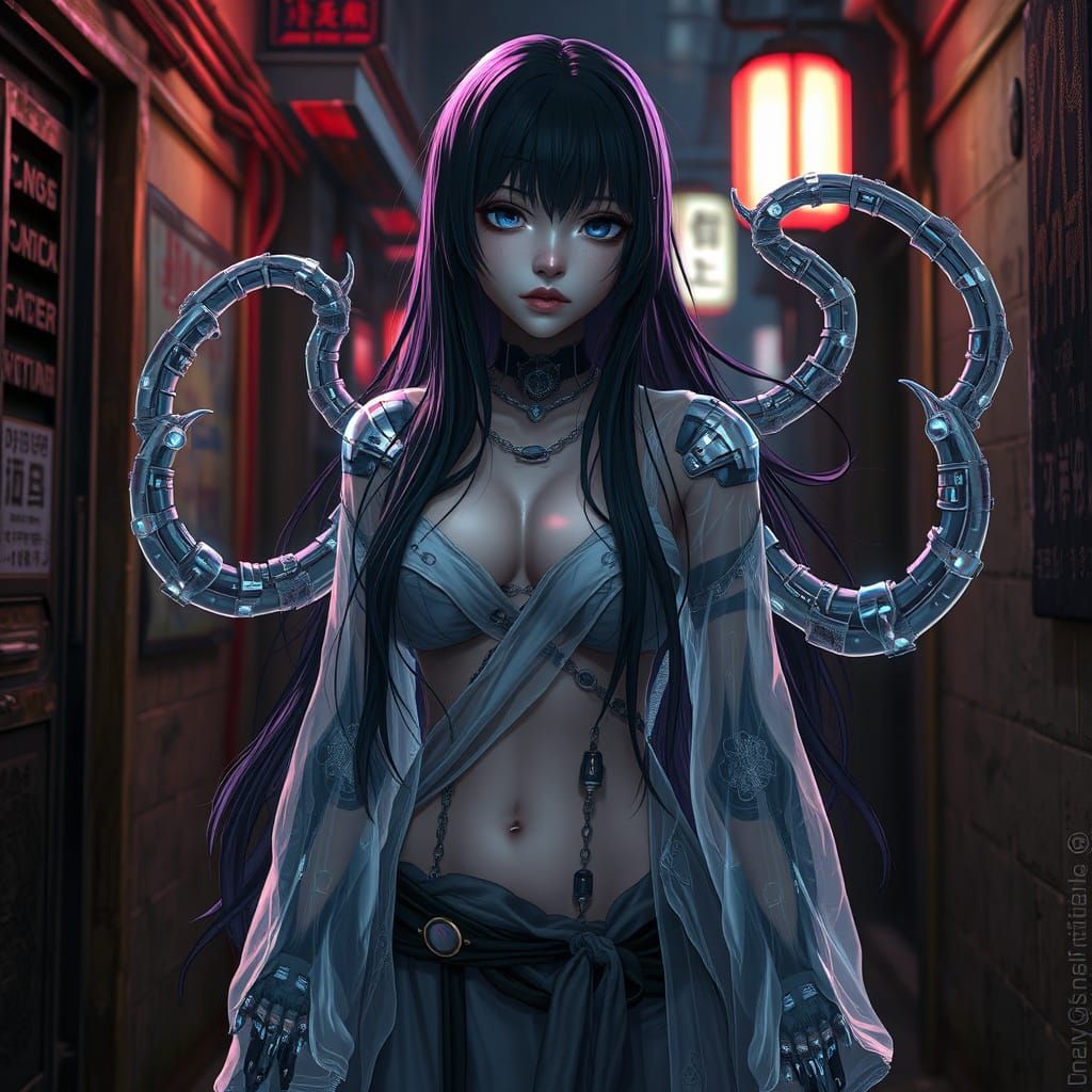 Cyborg Monk with Mechanical Tentacles in Anime Style