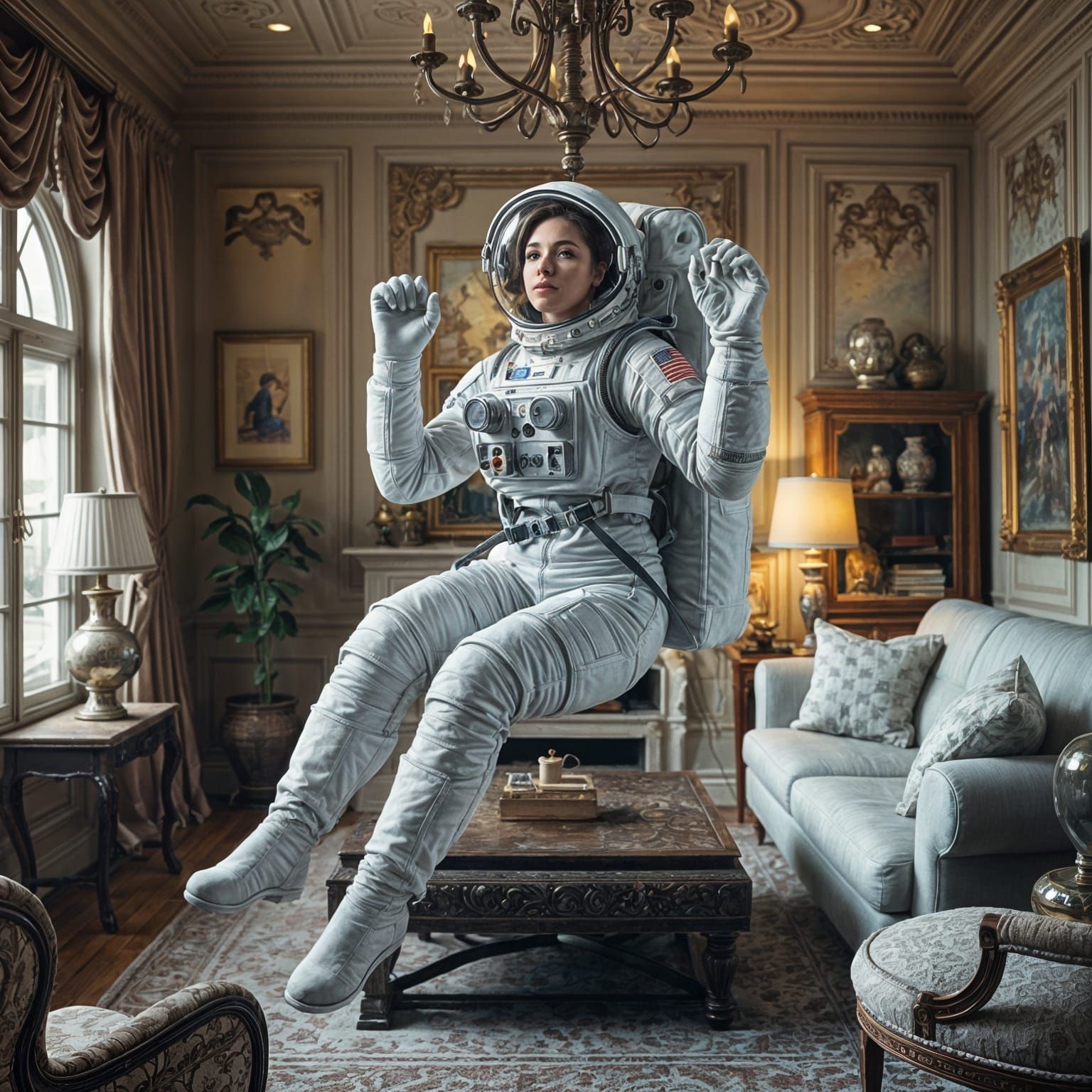 Astronaut Woman Floating in Living Room: Photorealistic