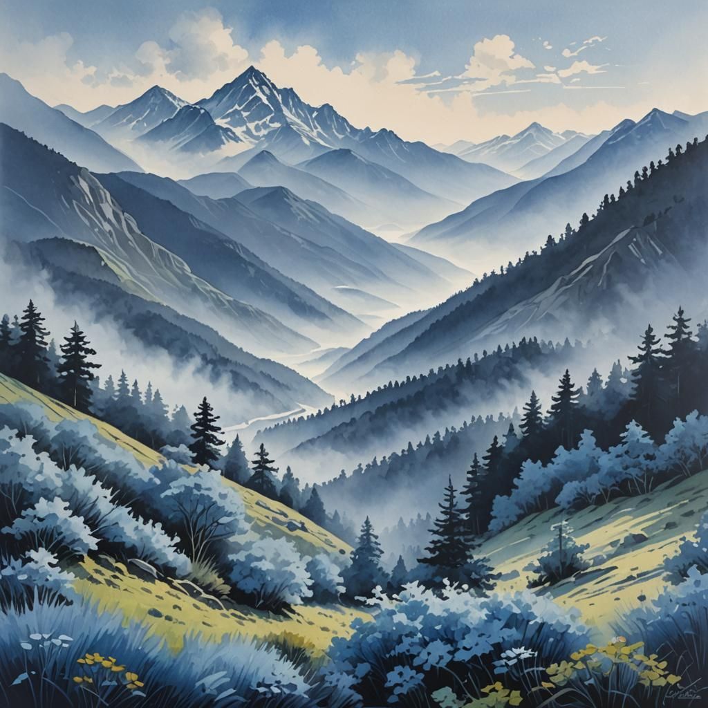 Blue Mountain Scene in Gouache