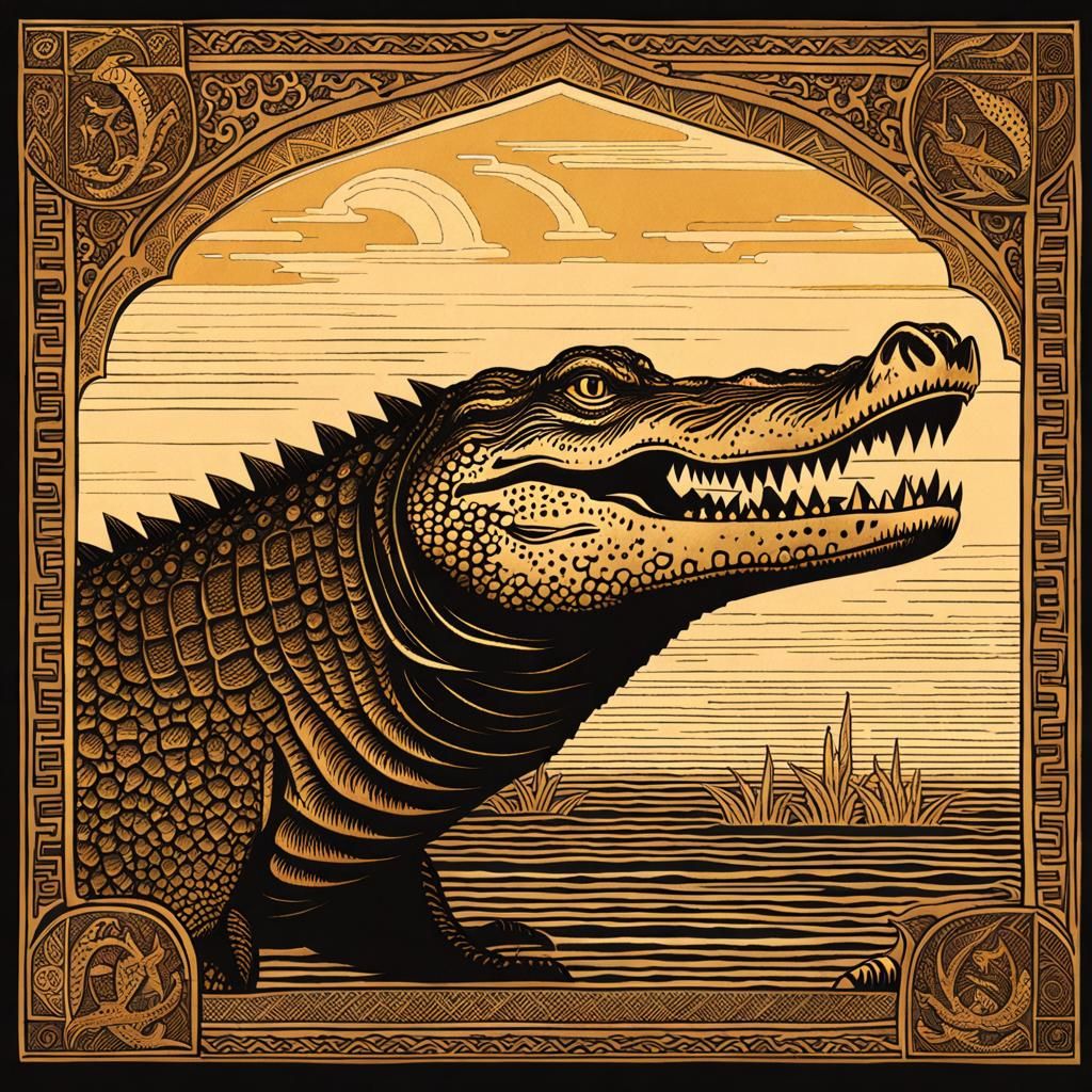Crocodile Concept Art in Qajar Style with Ouroboros