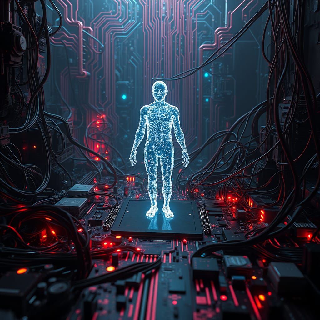 Ghostly AI Emerges in Cyberpunk Motherboard Landscape