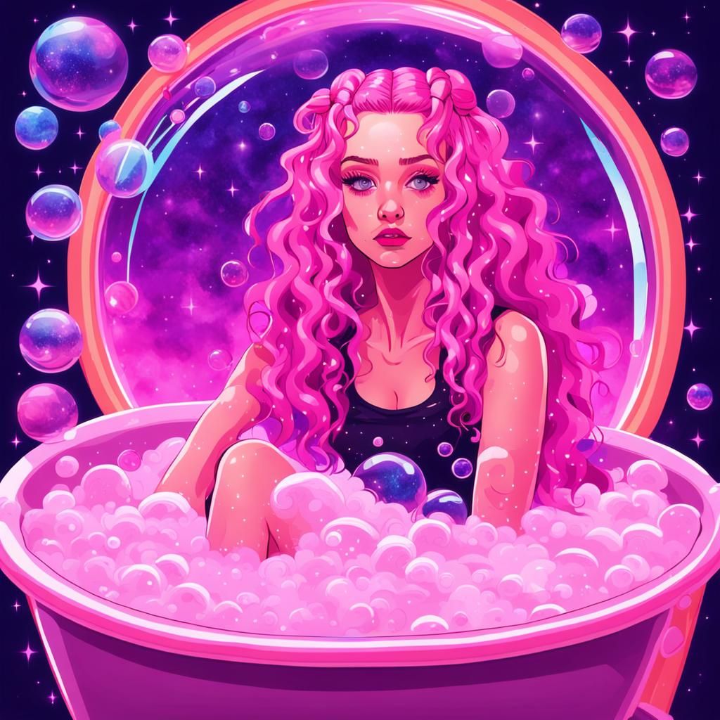 Pink-Haired Woman's Retro Synthwave Bubble Bath