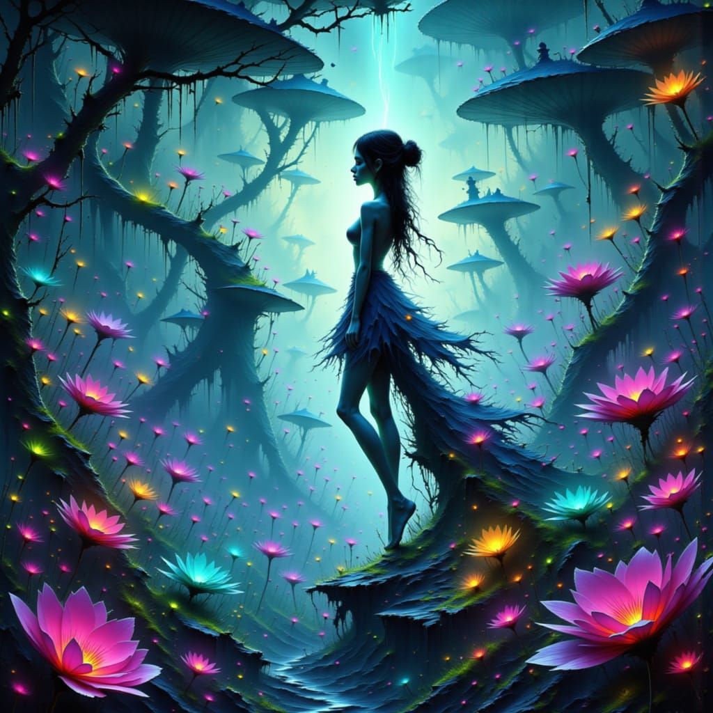 Ethereal Ballerina in Bioluminescent Forest