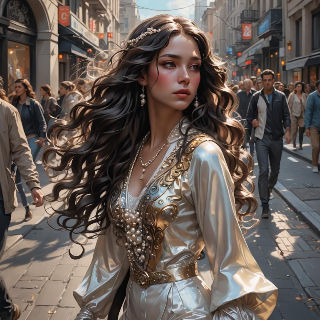 Pearl Outfit: Woman Walks in Hyperdetailed Portrait