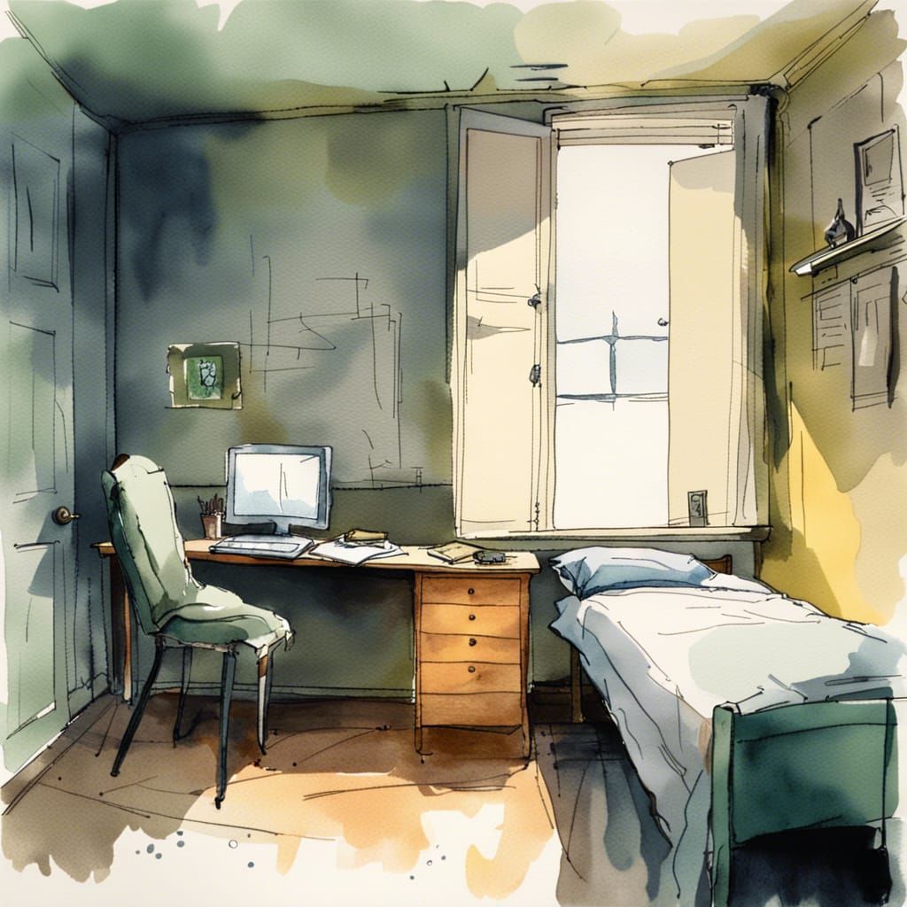 Watercolor Room with Computer and Wardrobe