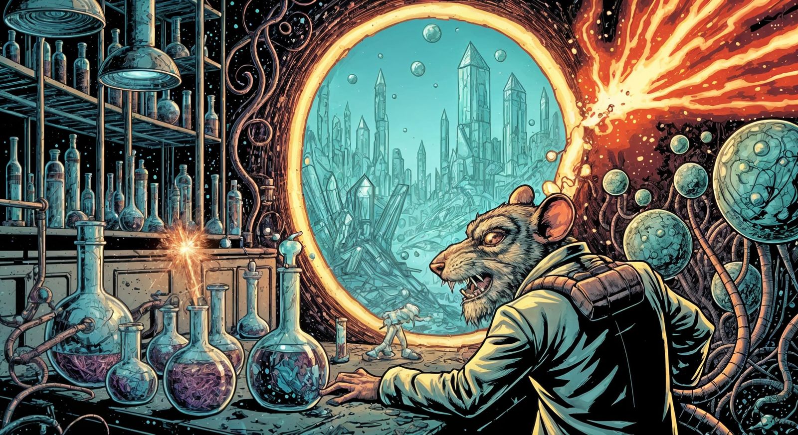 In a hidden laboratory beneath a bustling metropolis, a lone, grizzled, anthropomorphic rat scientist toils away, surrou...