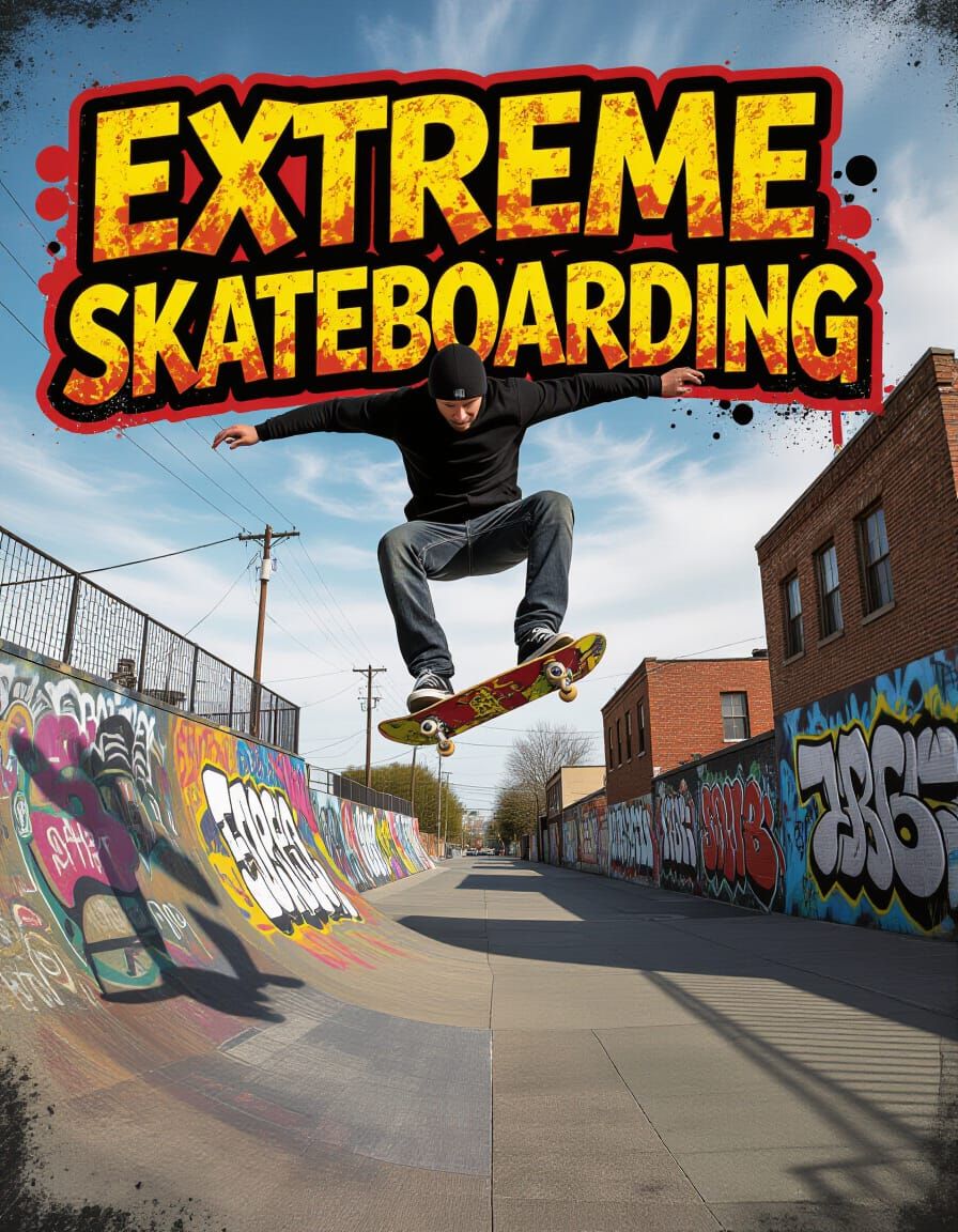 Skater Flies Over Halfpipe in Bold Street Art Poster
