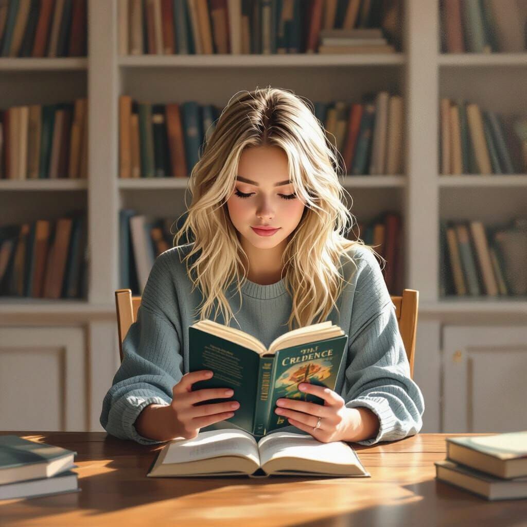 Girl Reading Surrounded by Bookshelves, Dreamy Illustration