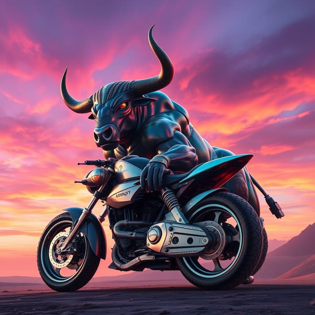 Cyborg Bull Motorcycle Rider in Fantasy Sci-Fi Art