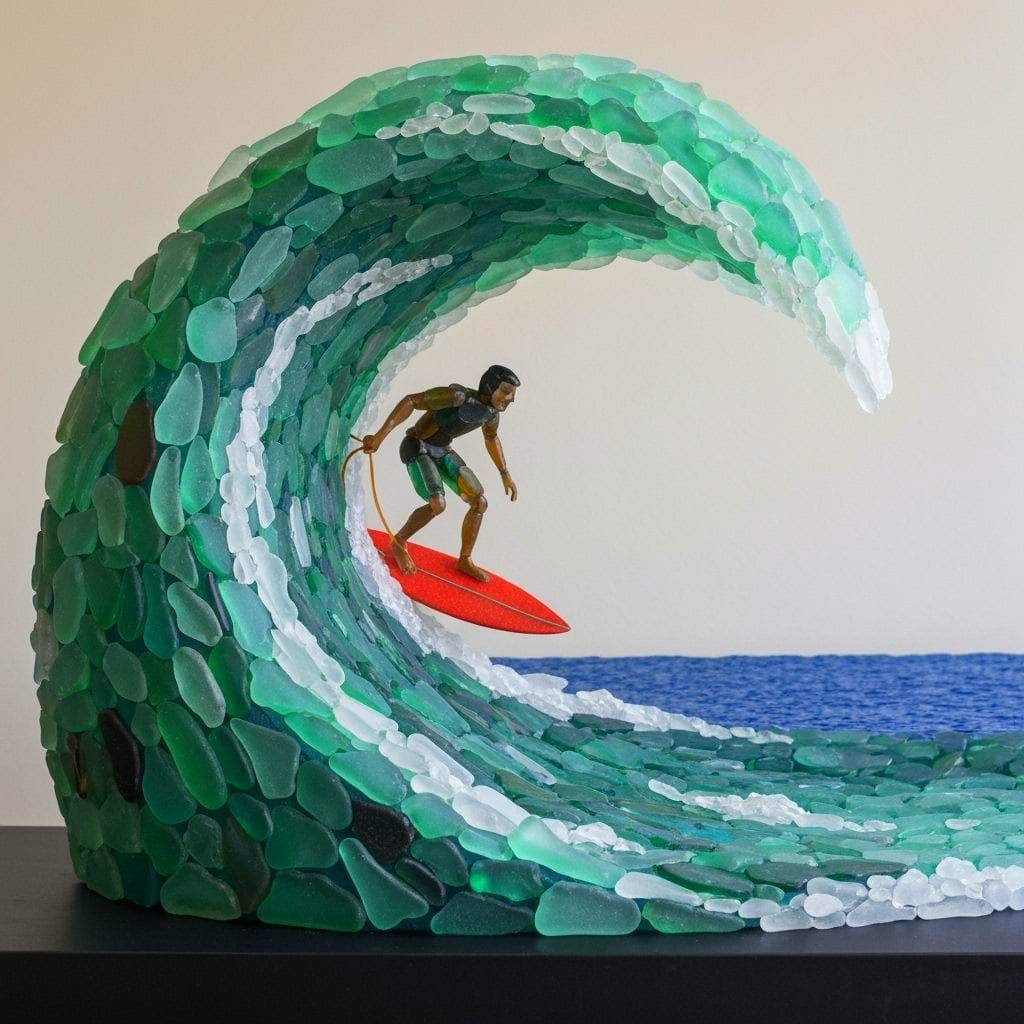 Sea Glass Sculpture of Surfer Riding Huge Wave