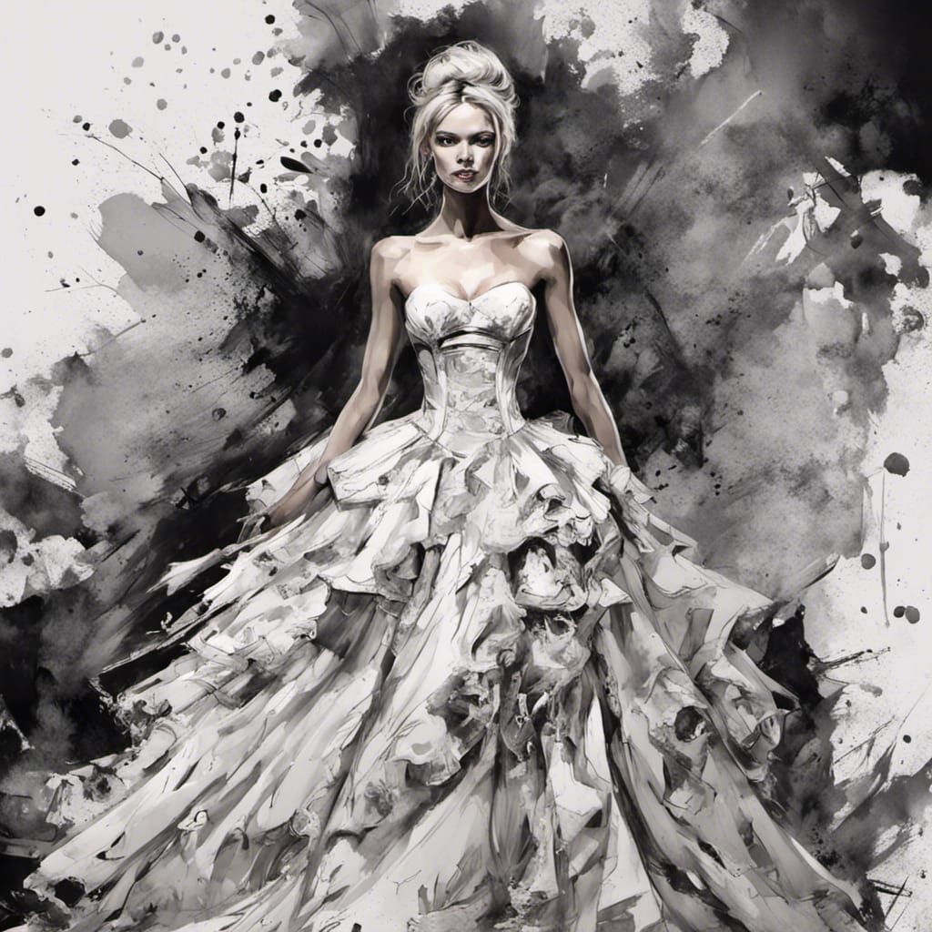 Fashion Model in Wedding Dress, Ink Sketch with Rococo Eleme...