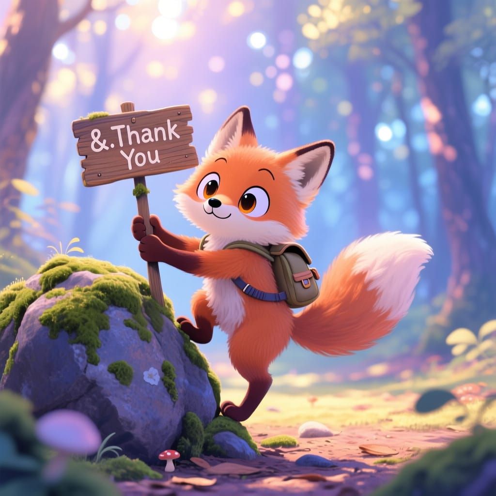 Kawaii Fox Climbs Boulder with Thank You Sign