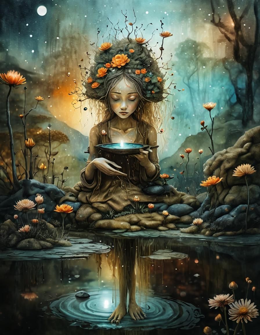 Meditating Monk in Bonsai Village: Watercolor Art