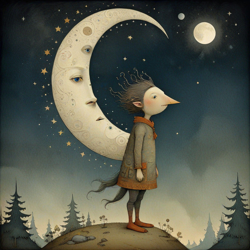 Whimsical Moonlit Adventure in Dreamy Landscape