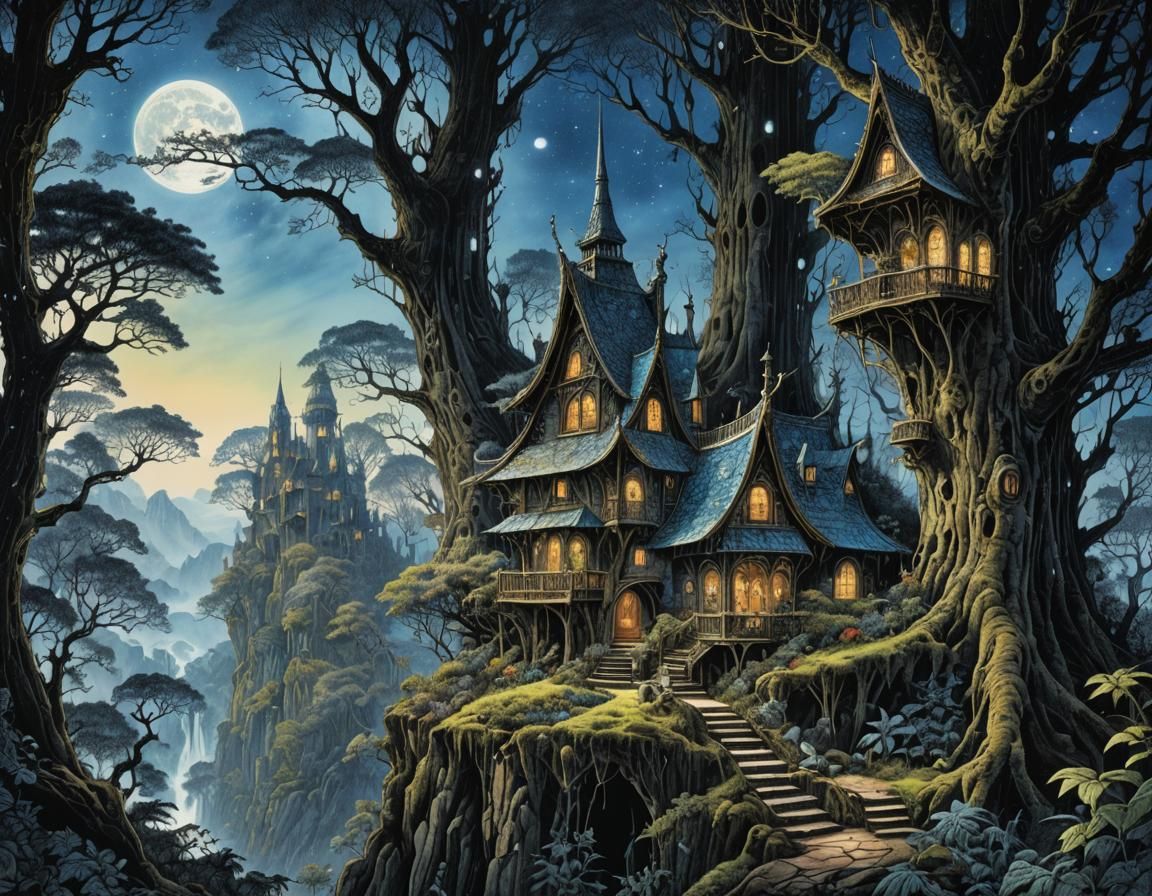 Intricate Fairy House in Eerie Woods with Cosmic Sky