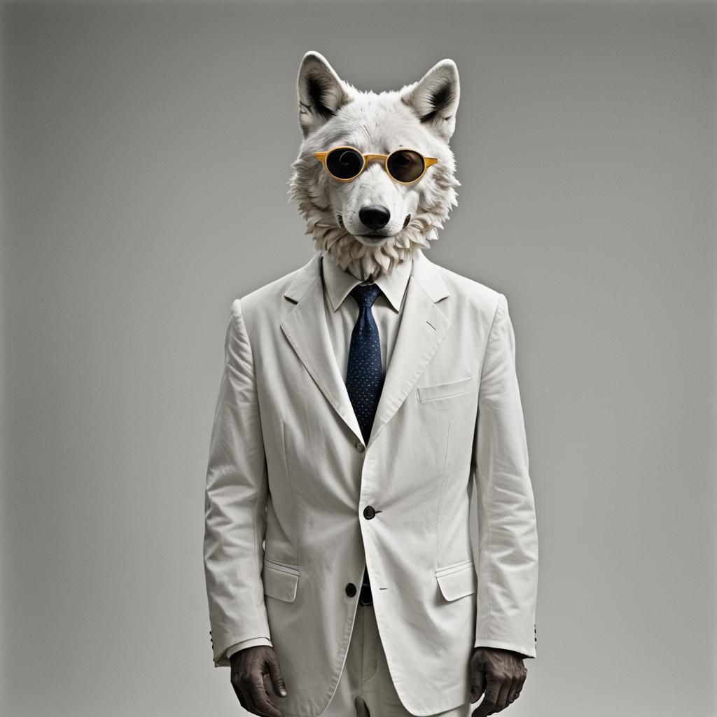 Wolf in White Suit at UN, Photorealistic Concept Art