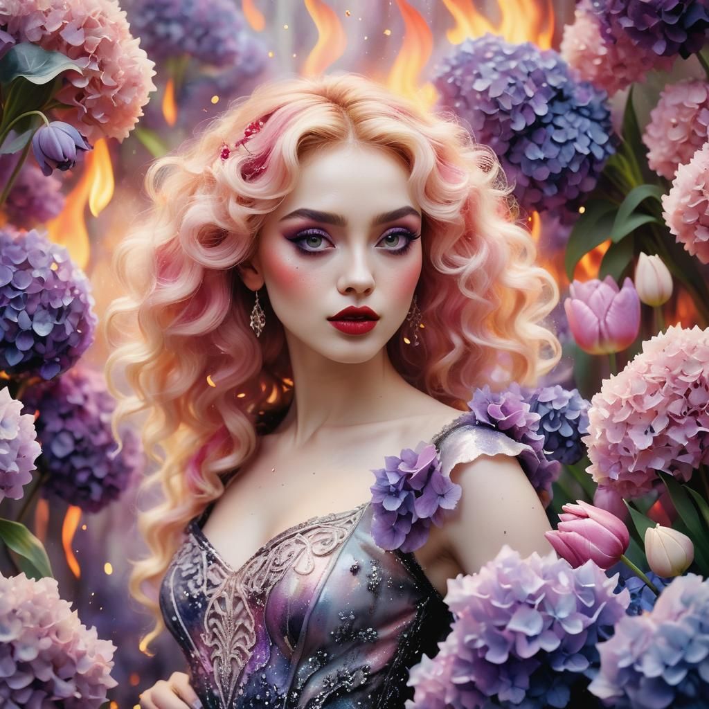 Dreamy Watercolor Scene of a Young Woman Amidst Vibrant Flow...