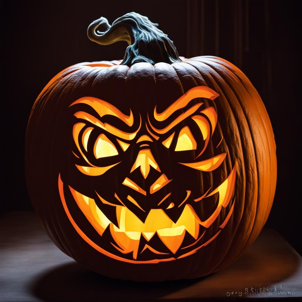 Sinister Witch Carved Pumpkin in Haunted Mansion