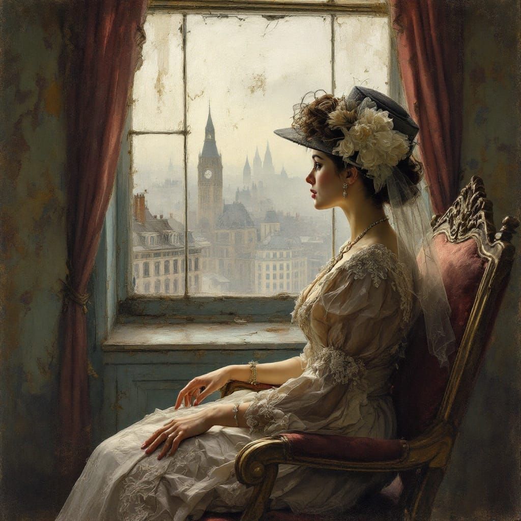 Elegant Lady Contemplates Impressionist Cityscape