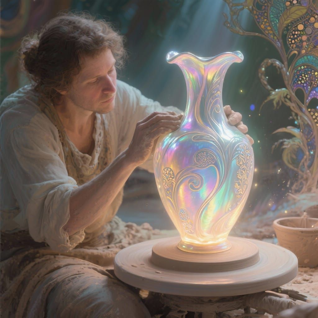 Magical Art Nouveau Potter Shaping Iridescent Vase