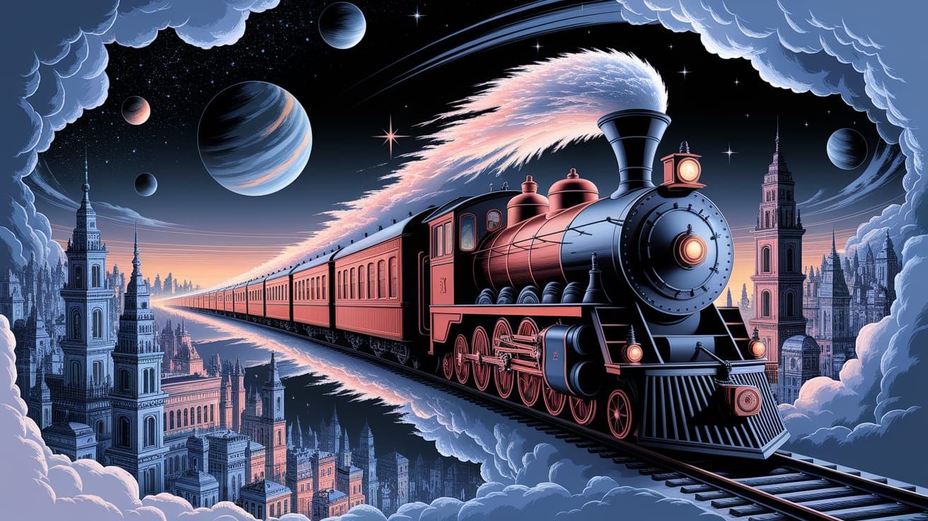 Night Train in Cloud City Under Stars, Detailed Artwork