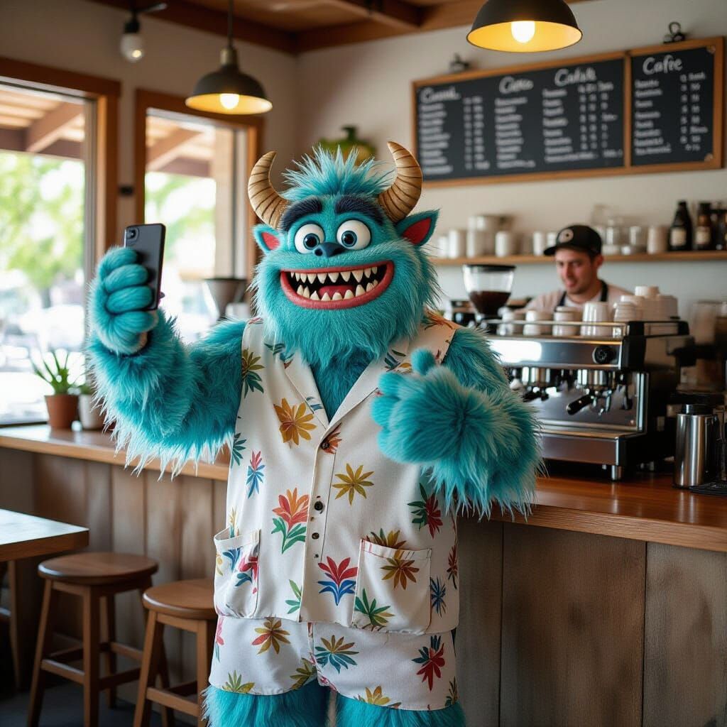 a selfie monster in café with the barista