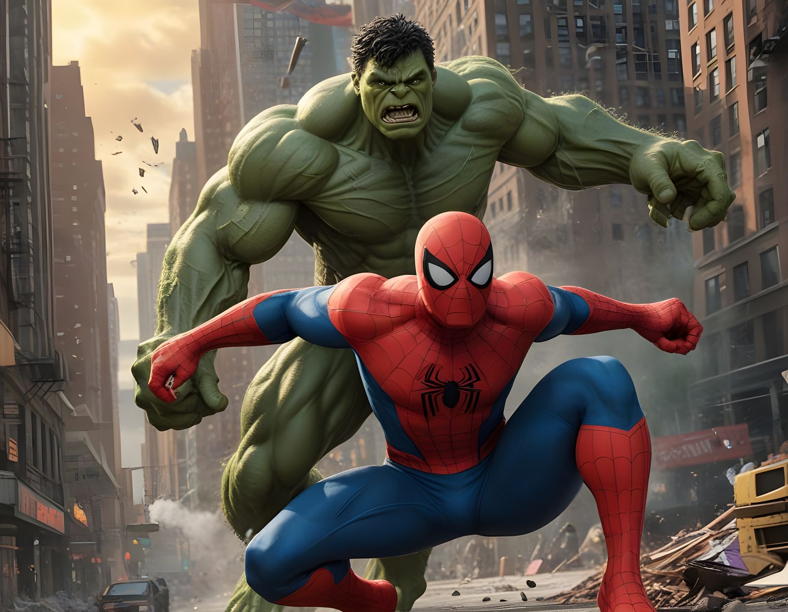 Epic City Battle: Spider-Man vs Hulk in Cyberpunk Skies