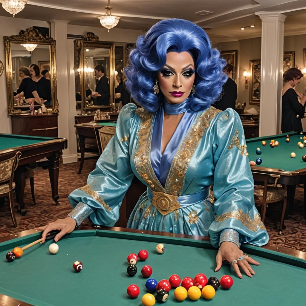 Extravagant Drag Queen in Satin Caftan Playing Snooker