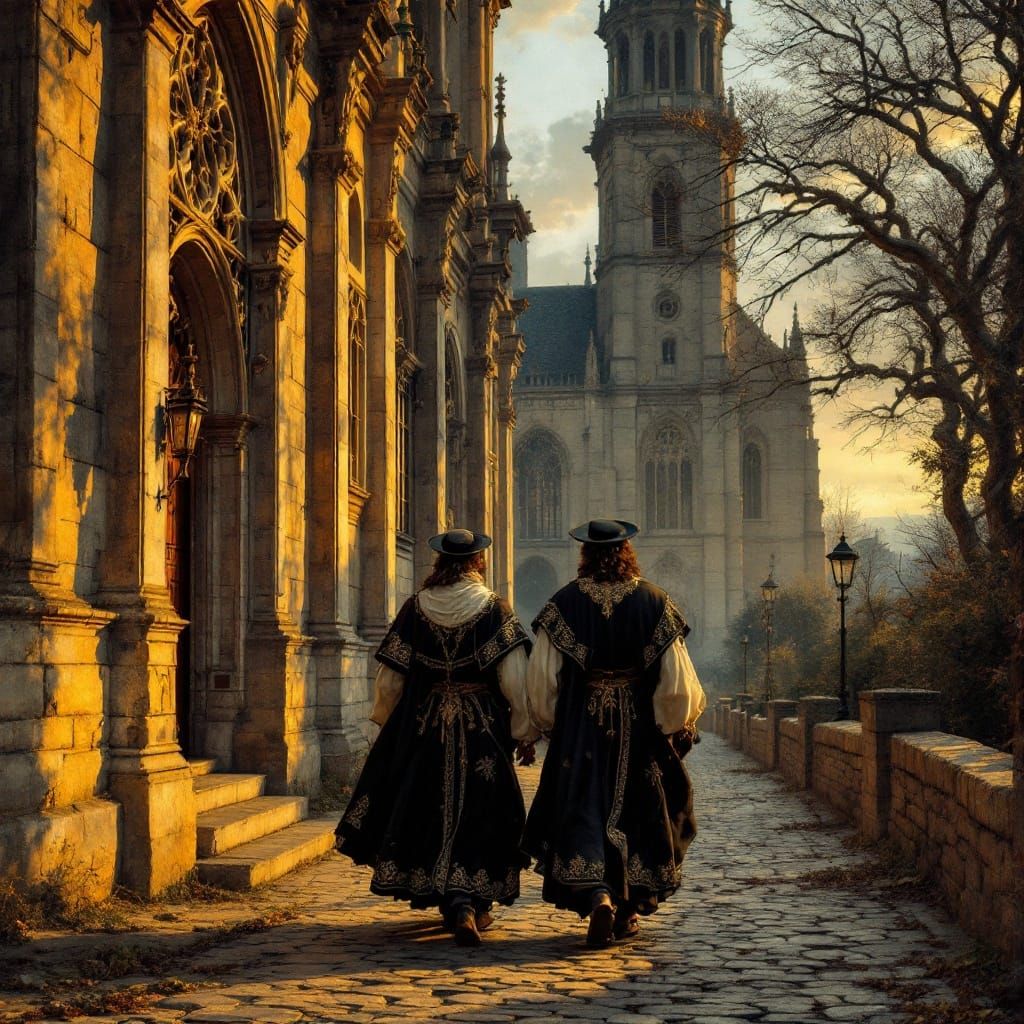 Elegant Gothic Figures Stroll Beside a 13th Century Spanish ...