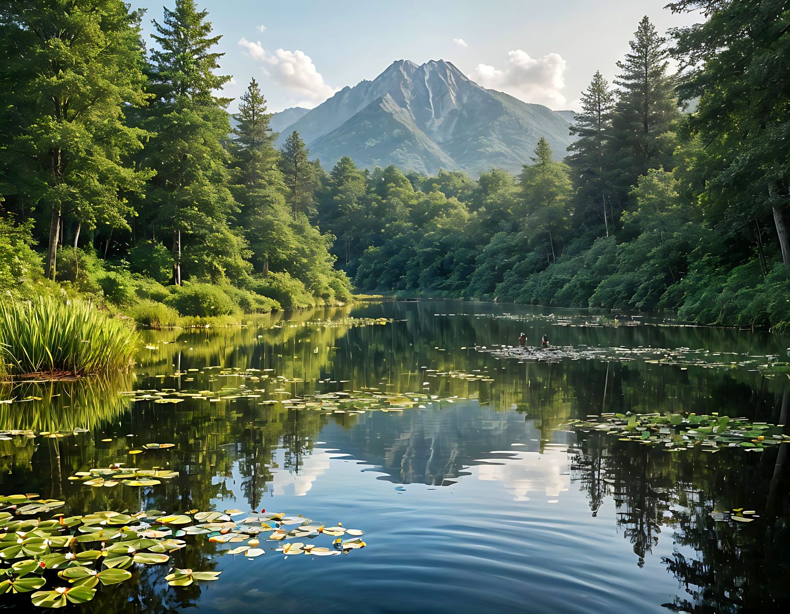 A picturesque lakeside view with clear waters reflecting the surrounding lush green trees and a bright sun overhead. In ...