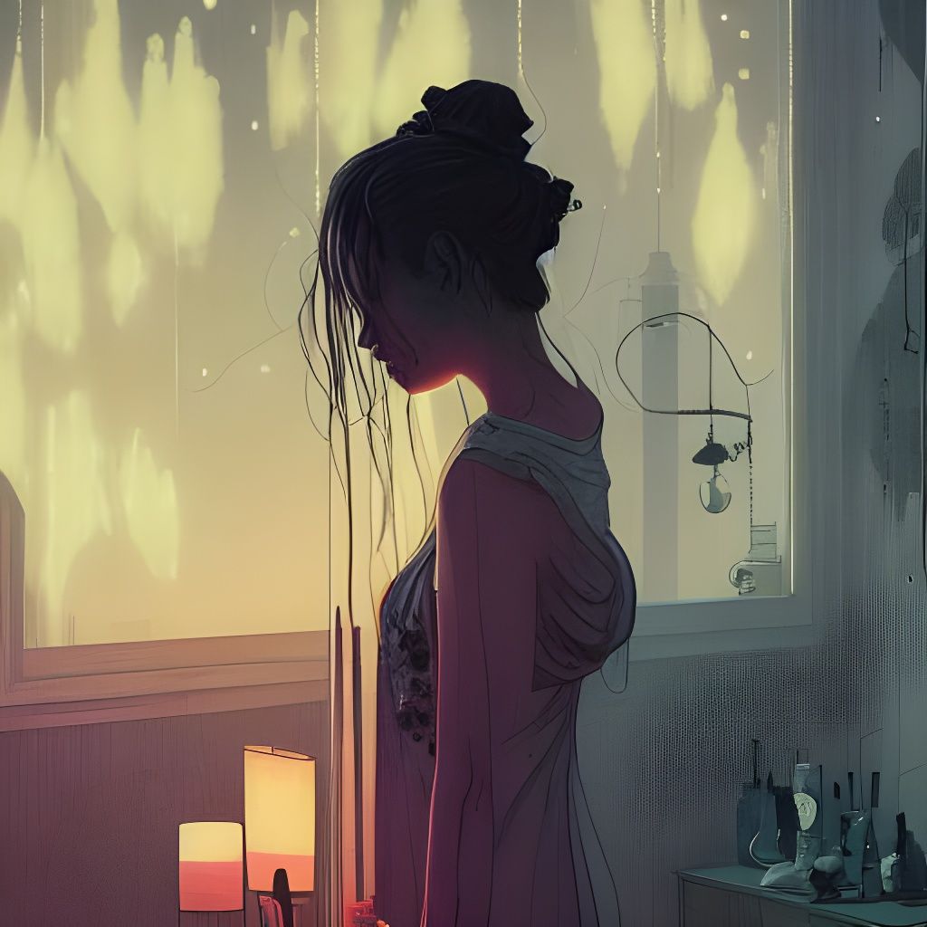 Sad Woman in Candlelit Room: Detailed Pastel Art