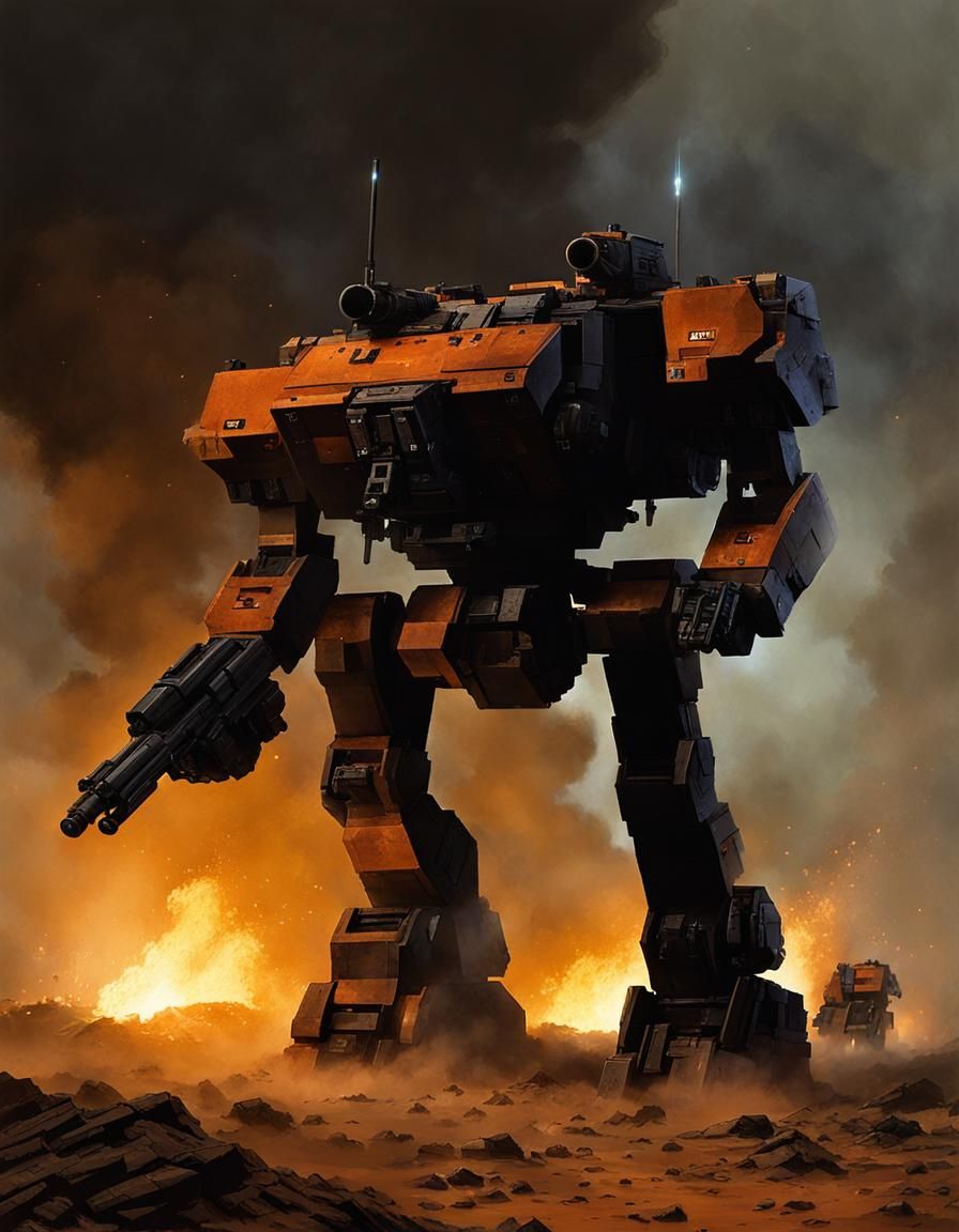 Mech Warrior on Battlefield in Sci-Fi Style