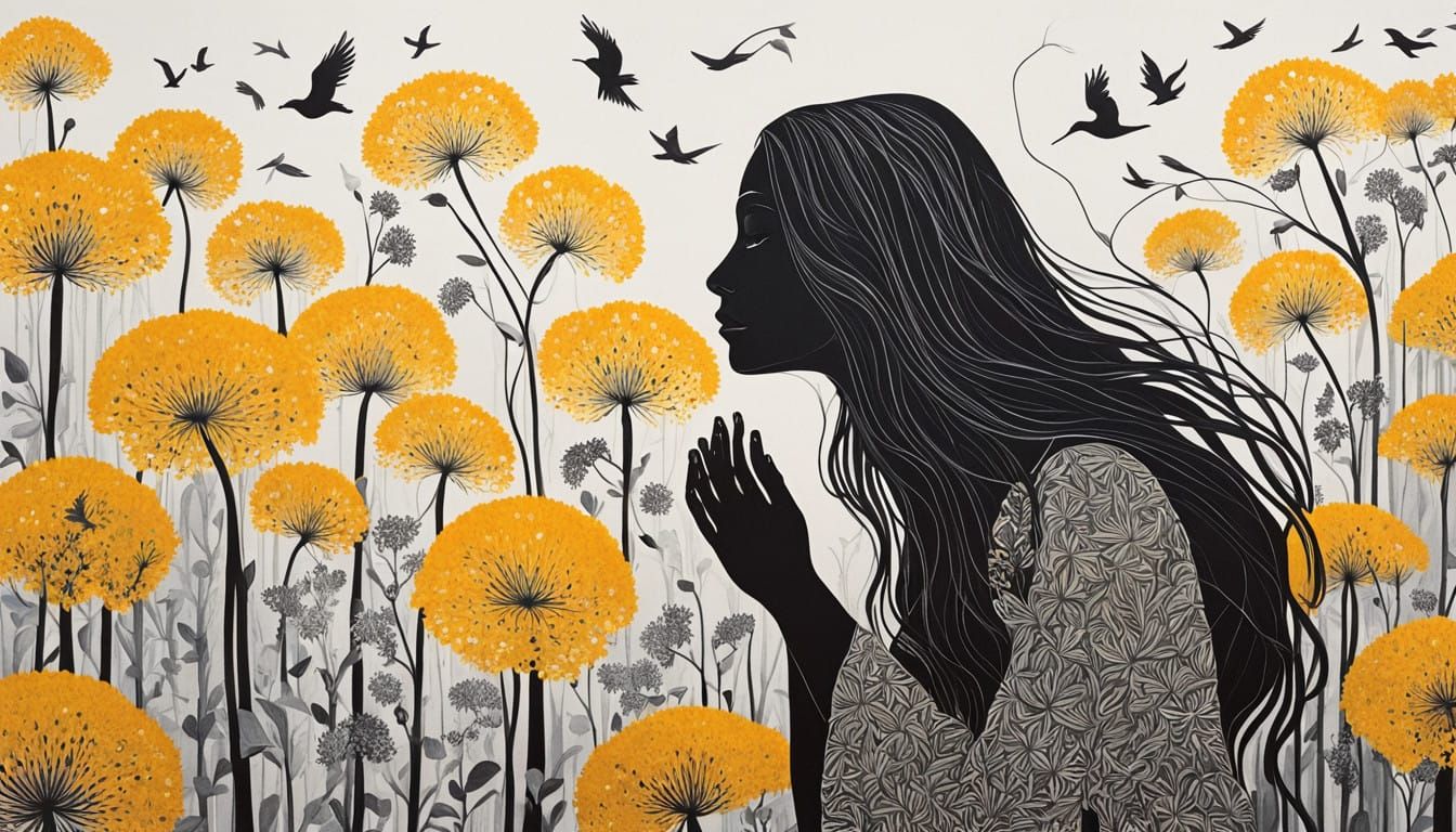 Ethereal Woman Among Dandelions and Snow Birds in Bio-Art Wo...