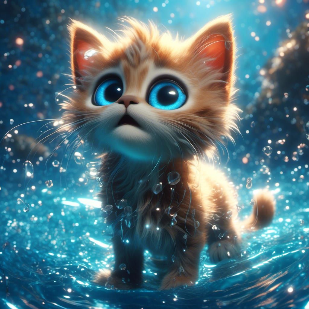 Cartoon Kitten Touches a Star: CGI Digital Art