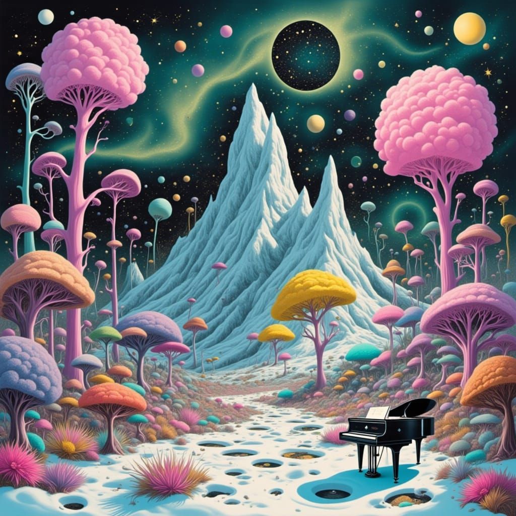 Grand Piano on Snowy Peak with Neon Vegetation