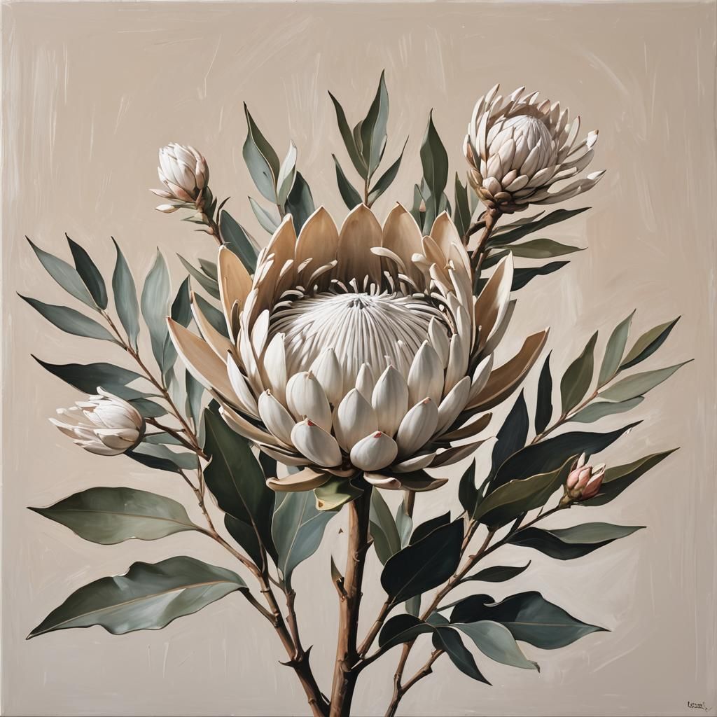 Minimalist Protea Japandi Oil Painting