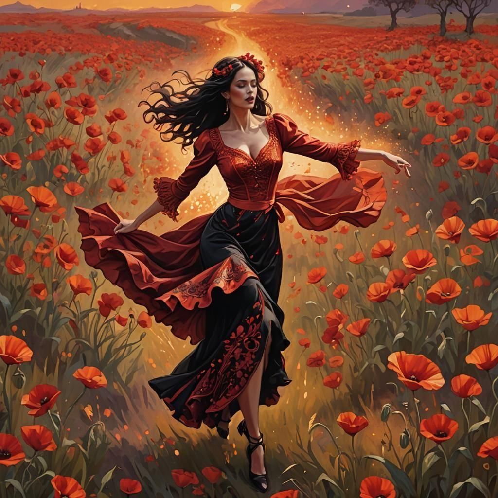 Flamenco Devil Girl Dancing in Poppies