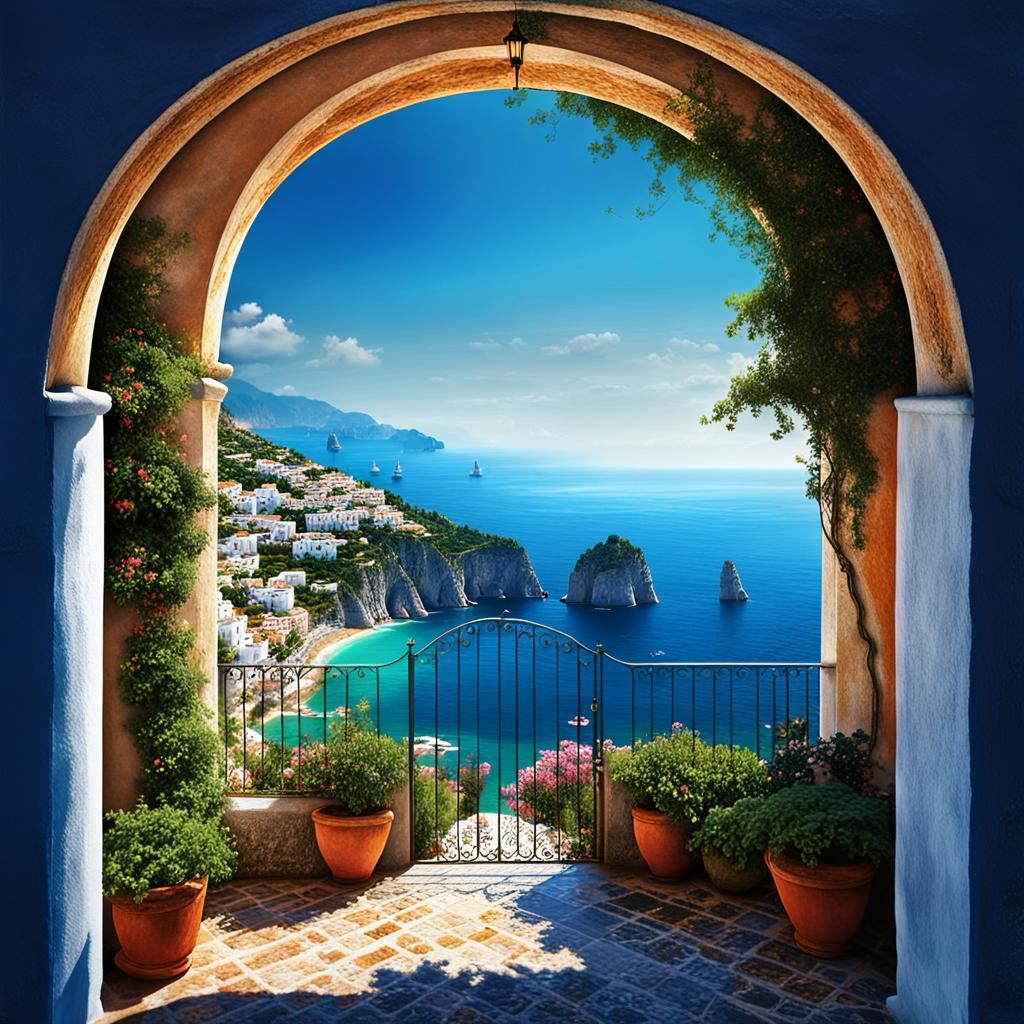 Idyllic Mediterranean Vista with Archway in Fantasy Style