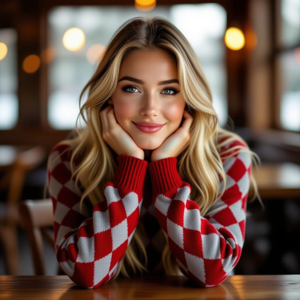 Young Woman in Argyle Sweaterdress, Warm Smile, Close-Up