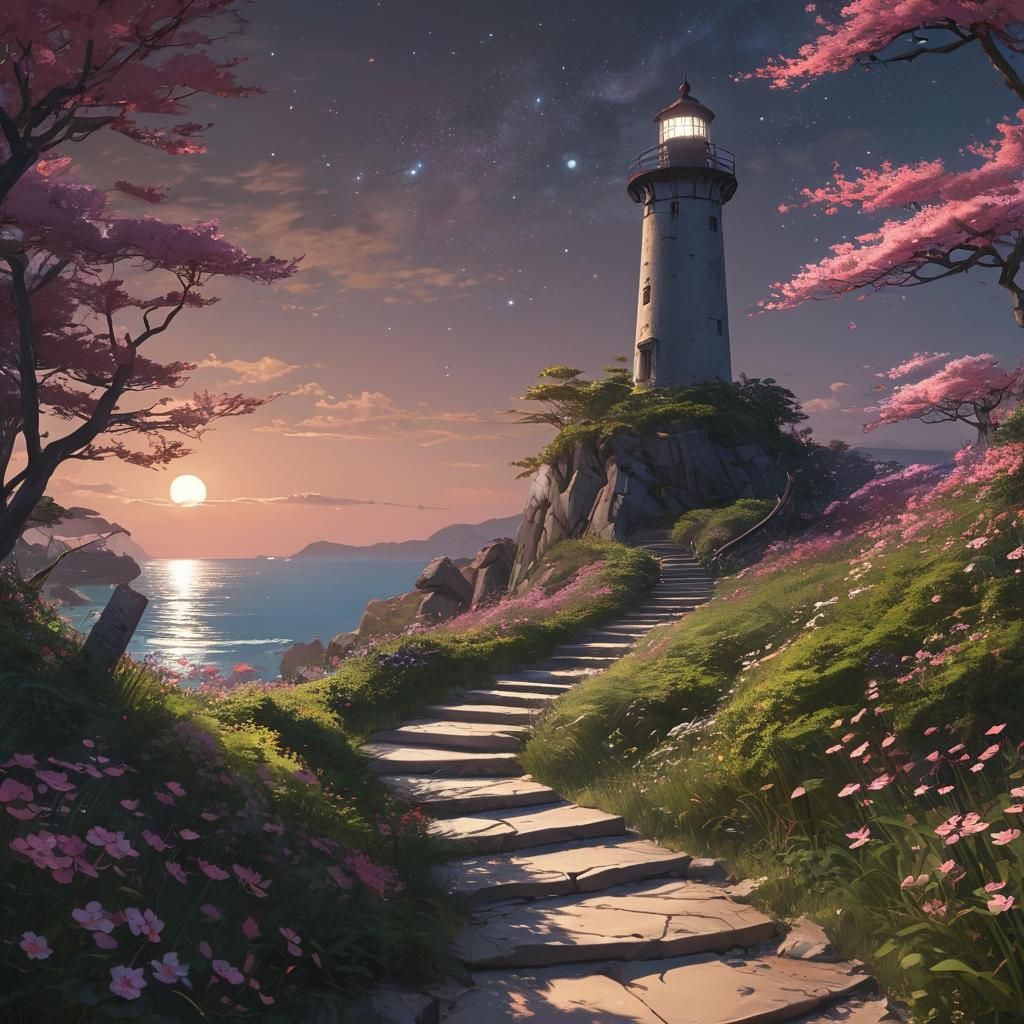 Surreal Lighthouse Under Sakura Beach Nebula