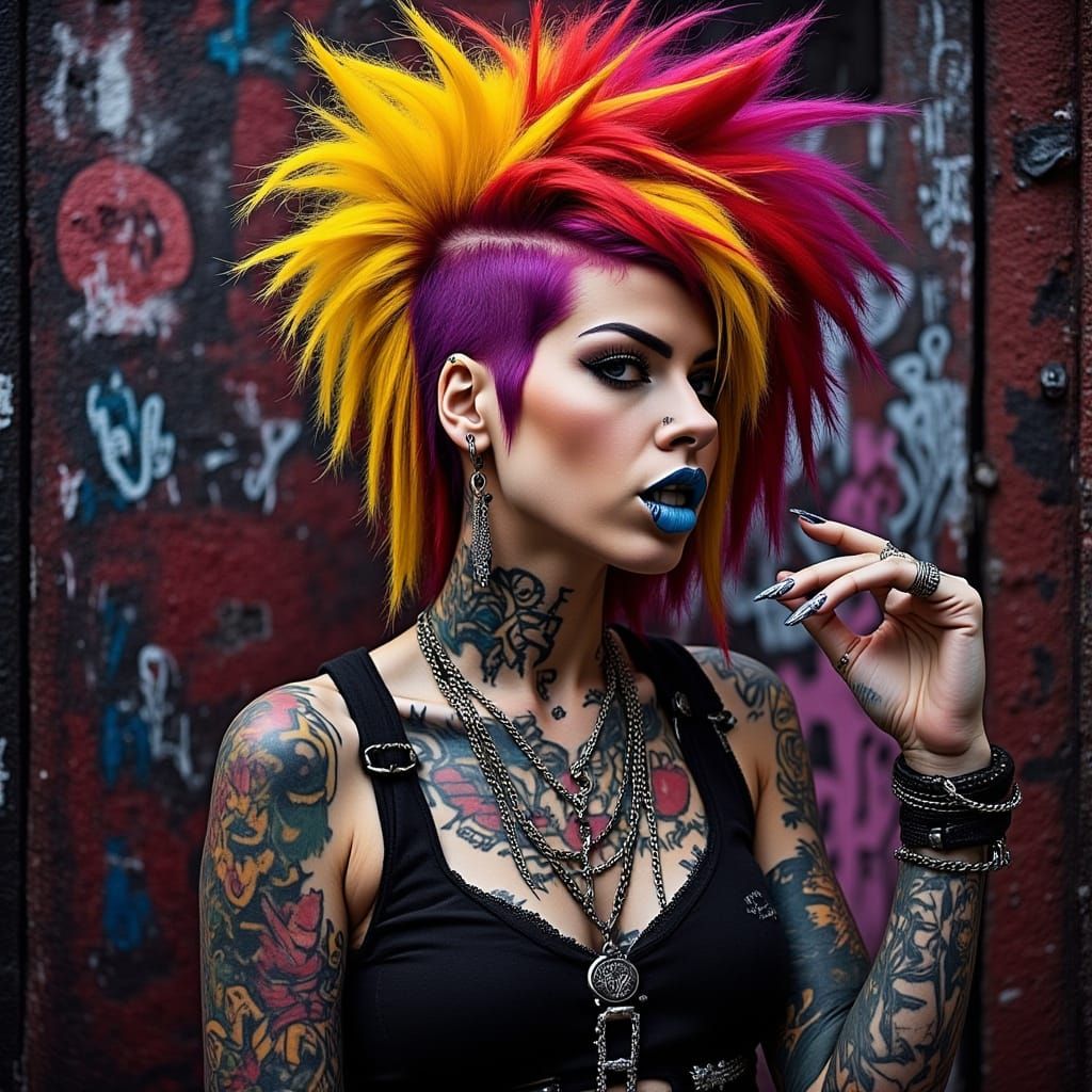 Punk Woman Portrait with Tattoos and Piercings in Oil Paint