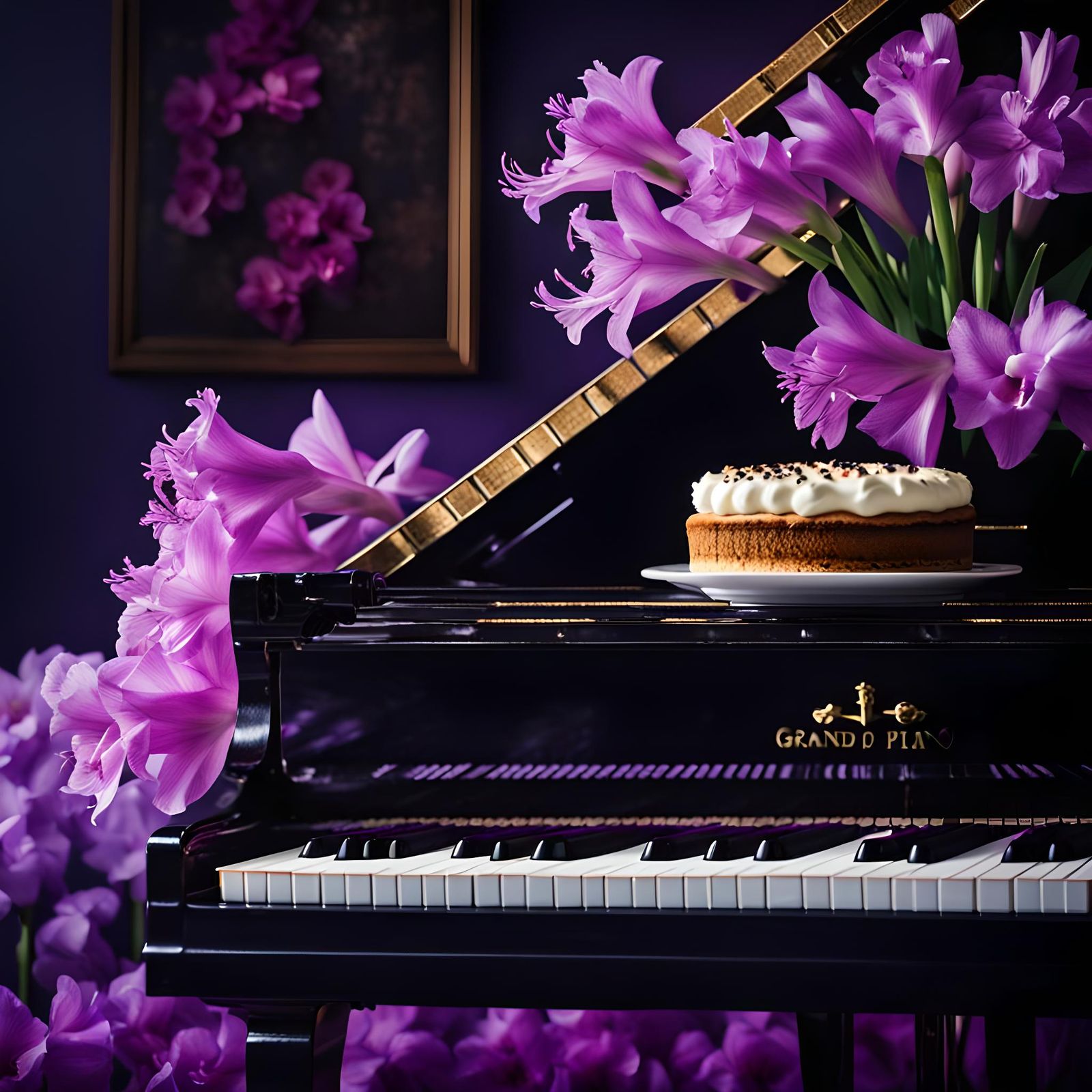 Cappuccino and Cake on Piano with Flowers