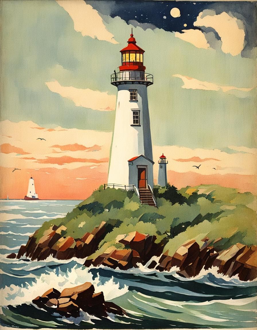 Lighthouse Illustration in 1920s Children's Book Style