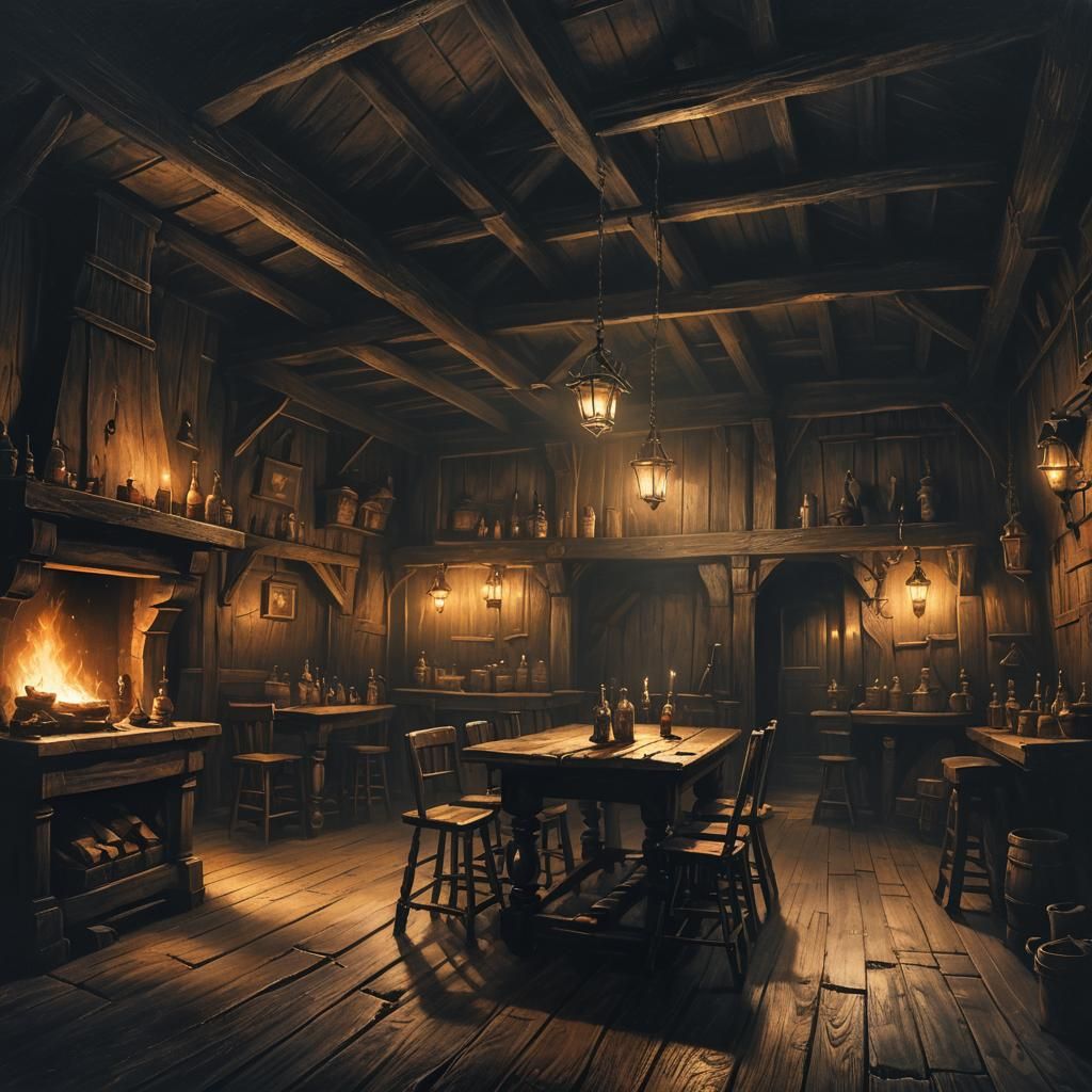 Mysterious Tavern in a Moody Oil Painting Style