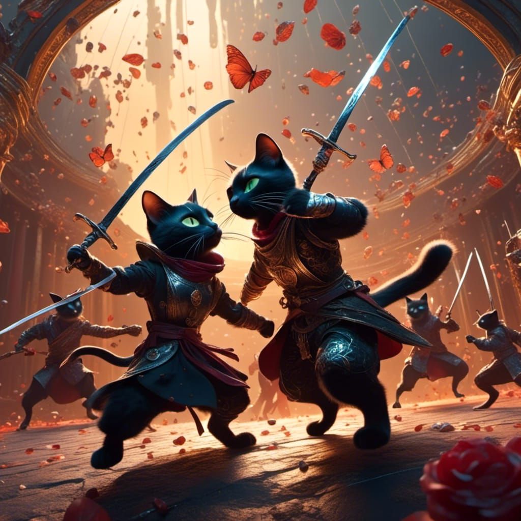 Black Cats Fencing Rat Rabble: Detailed Matte Painting